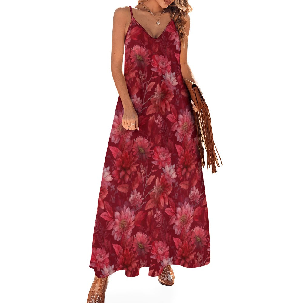Red Floral Maxi Dress, Flowers Long Spaghetti Straps Flowy Women Sleeveless Casual Cute Designer Elegant Plus Size Cocktail Party Summer