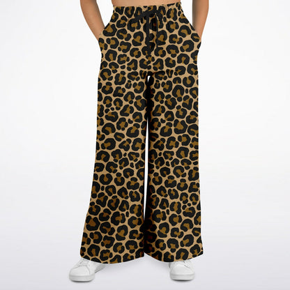 Leopard Wide Leg Jogging Pants, Brown Animal Print Cheetah Flare Sweatpants Pockets Women Flared Sweats Cotton Fleece Ladies Joggers