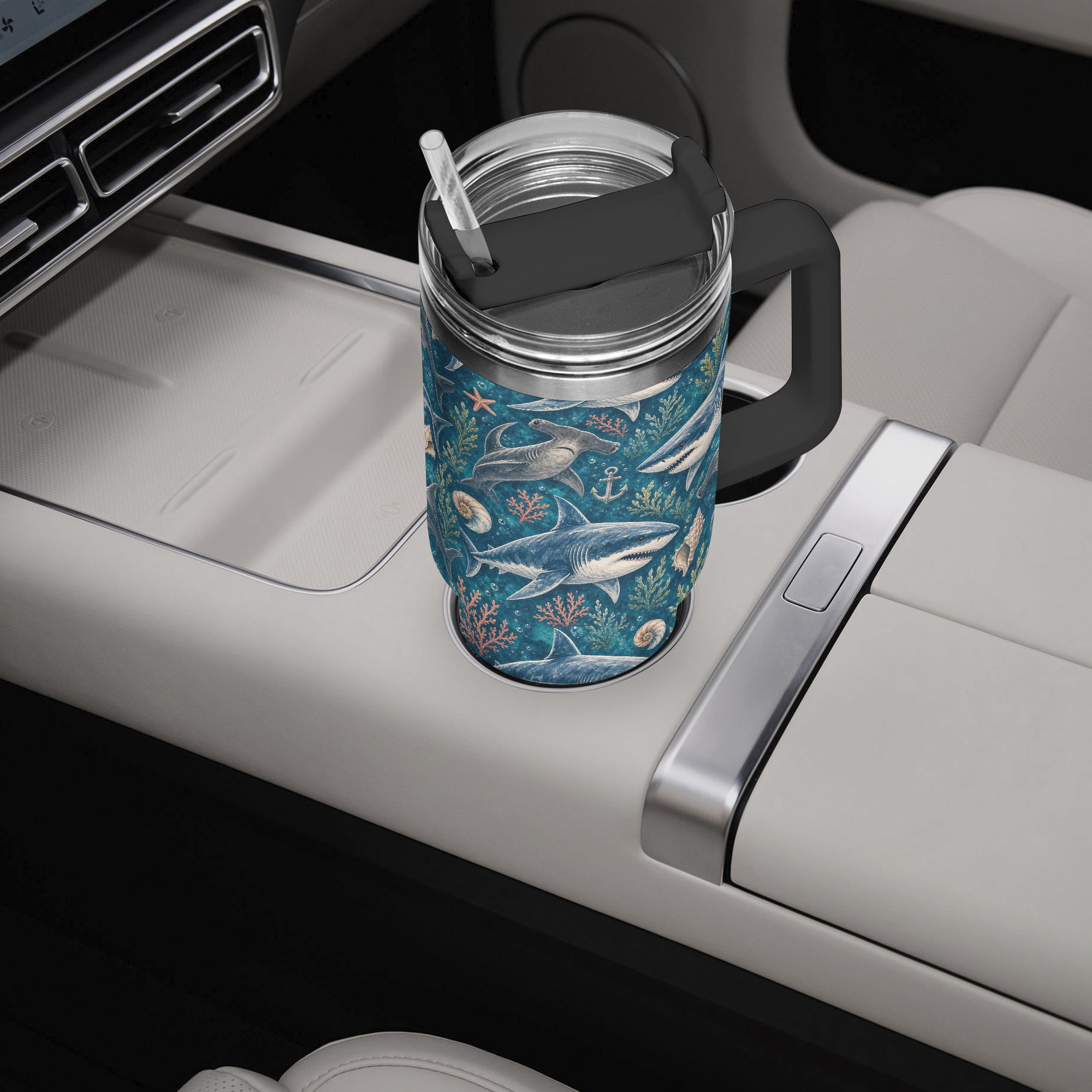 Shark 40 oz Tumbler Handle Straw, Great White Hammer Sea Ocean
