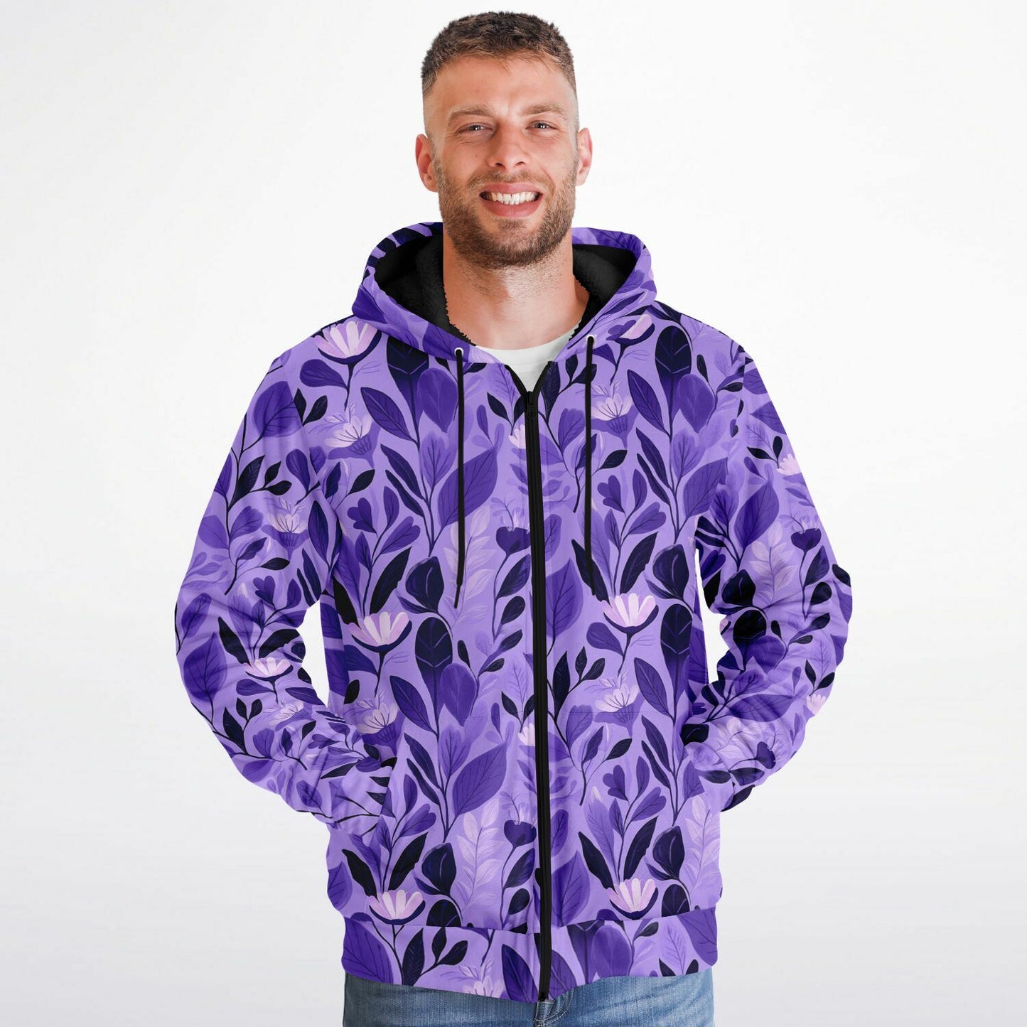 Purple Floral Zip Up Fleece Lined Hoodie, Flowers Heavyweight Full Zipper Pocket Men Women Unisex Aesthetic Graphic Hooded Sweatshirt Jacket