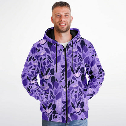 Purple Floral Zip Up Fleece Lined Hoodie, Flowers Heavyweight Full Zipper Pocket Men Women Unisex Aesthetic Graphic Hooded Sweatshirt Jacket