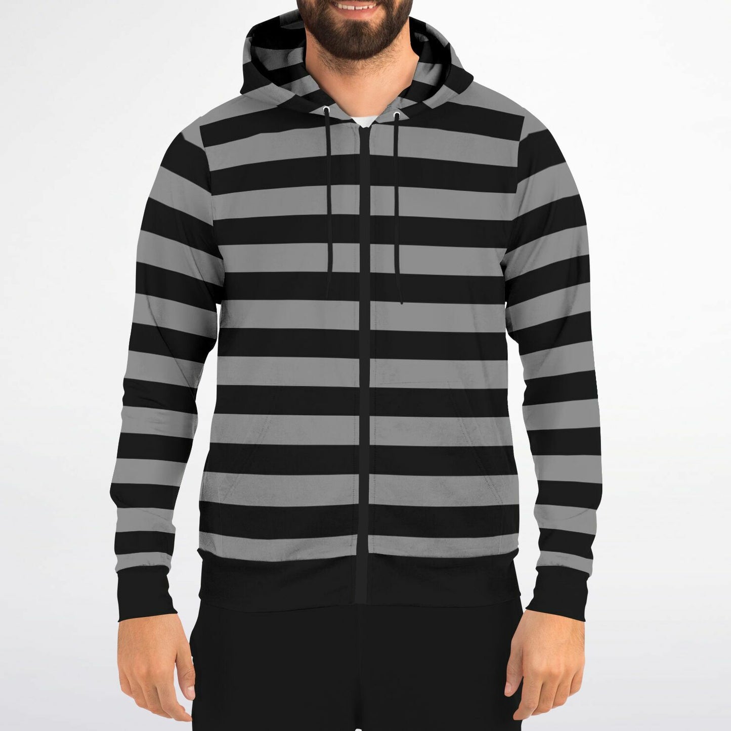 Black Grey Striped Zip Up Hoodie, Gray Stripes Full Zipper Pocket Men Women Unisex Adult Aesthetic Graphic Cotton Fleece Hooded Sweatshirt