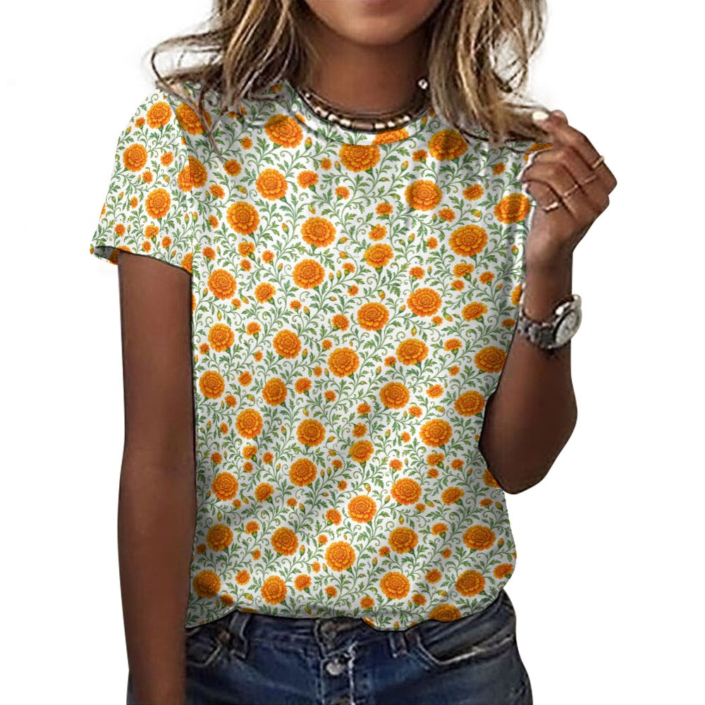 Marigold Flower Women Cotton Tshirt, Orange Floral Ladies Female Designer Adult Graphic Aesthetic Fashion Fitted Crewneck Tee Shirt Top - Starcove Fashion
