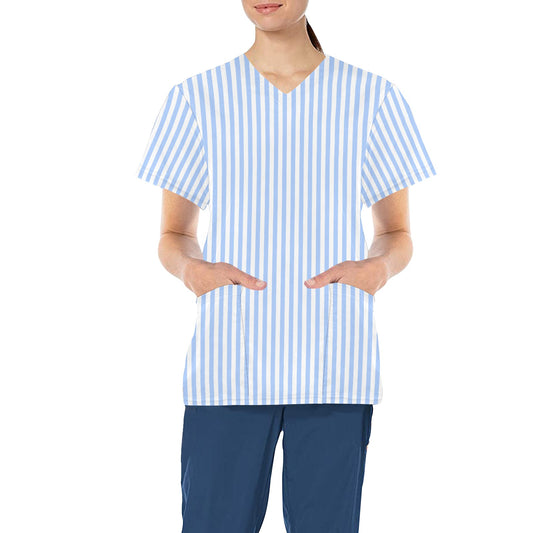 Light Blue Striped Medical Scrubs Top Women, Vertical Stripe Ladies Female Plus Size Nursing Nurse Vet Veterinary Assistant Uniform Pockets