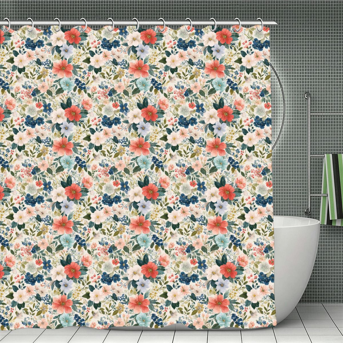 Boho Flowers Shower Curtain with Hooks Rings, Floral Blooms Fabric Waterproof Unique Bath Bathroom Decor Cool Housewarming Home Gift