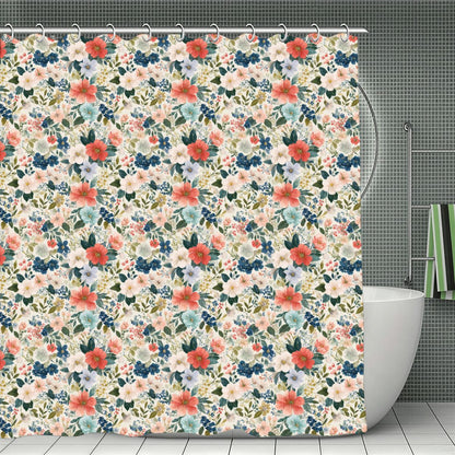 Boho Flowers Shower Curtain with Hooks Rings, Floral Blooms Fabric Waterproof Unique Bath Bathroom Decor Cool Housewarming Home Gift