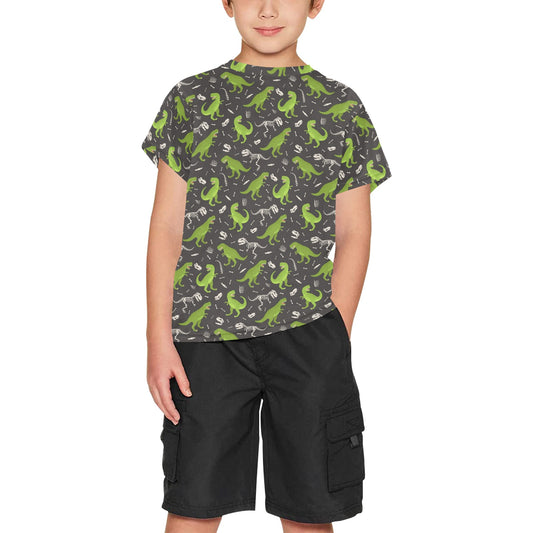 Dinosaur Kids Tshirt, T-Rex Green Dino Skeleton Skull Boys Girls Children Youth Teens Teenager Graphic Crewneck Tee Short Sleeve Shirt Top