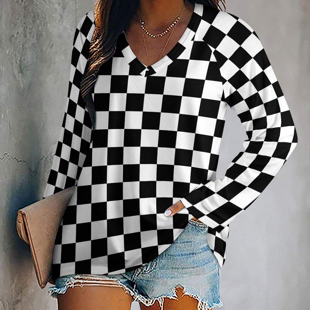 Checkered Women Long Sleeve Tshirt loose fit, Black White Check