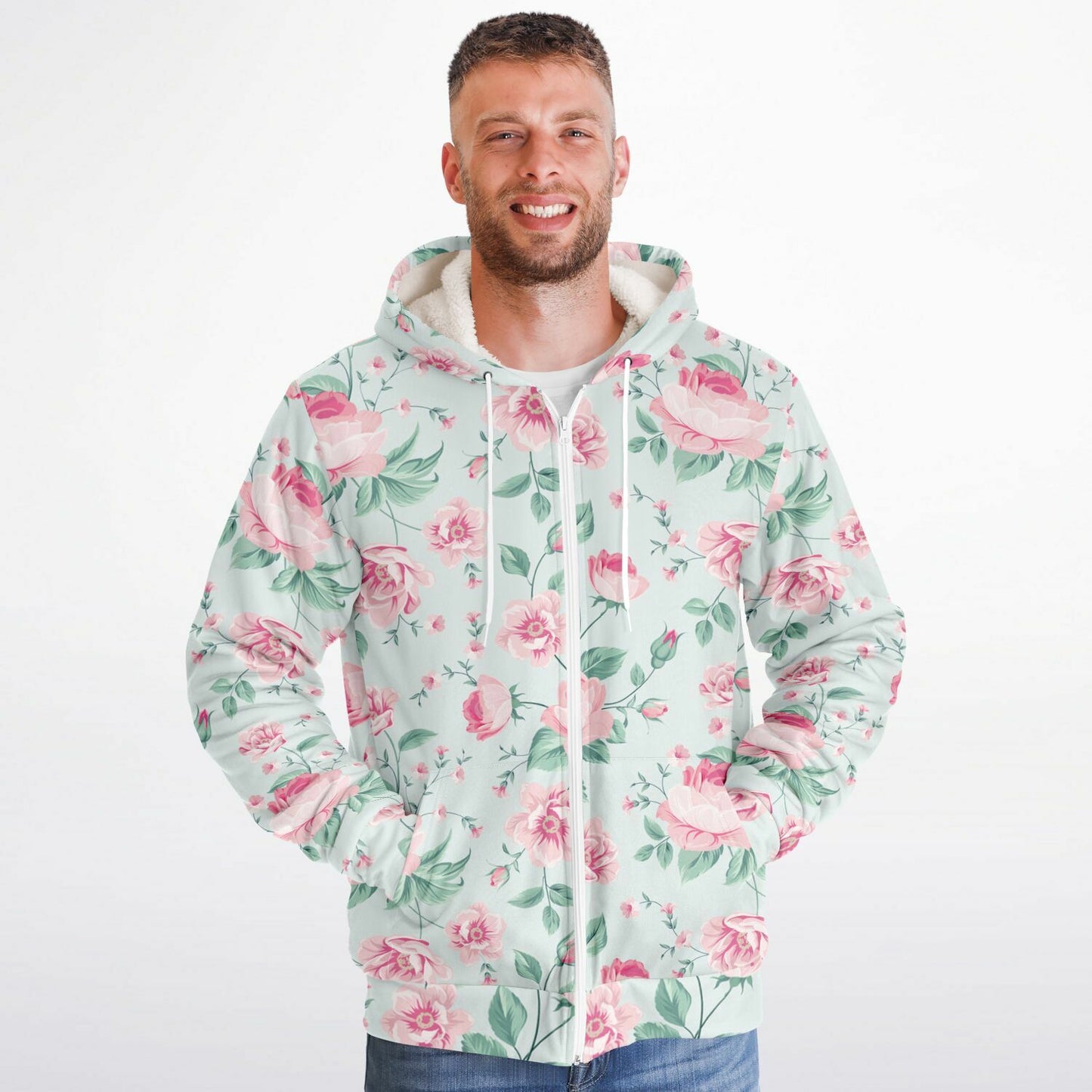 Pink Green Floral Zip Up Fleece Lined Hoodie, Flowers Peony Blossom Heavyweight Full Zipper Pocket Men Women Unisex Hooded Sweatshirt Jacket