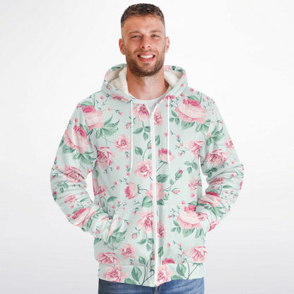 Pink Green Floral Zip Up Fleece Lined Hoodie, Flowers Peony Blossom Heavyweight Full Zipper Pocket Men Women Unisex Hooded Sweatshirt Jacket