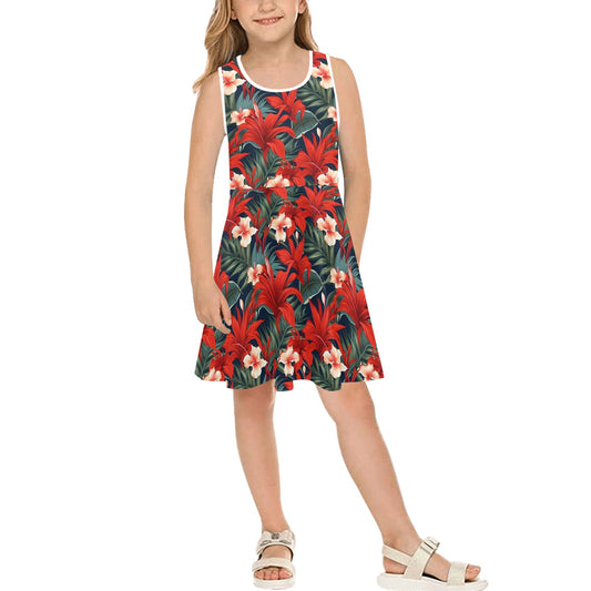 Red Tropical Floral Midi Girls Dress, Flowers Kids Sleeveless Sundress Casual Cute Designer Children Elegant Cocktail Party Summer Designer