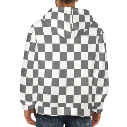 Checkered Flannel Hoodie, Brown Grey White Check Fleece Lined Heavyweight Pocket Men Women Unisex Graphic Hooded Sweatshirt Jacket