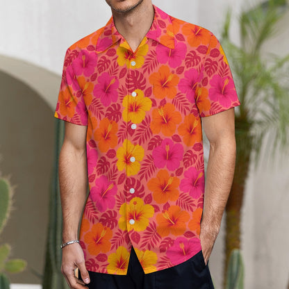 Hibiscus Tropical Men Button Up Shirt, Pink Orange Yellow Short Sleeve Casual Buttoned Down Summer Male Guys Collared Designer Festival