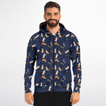 Cats in Space Zip Up Hoodie, Kittens Full Zipper Pocket Men Women Unisex Adult Aesthetic Graphic Cotton Fleece Hooded Sweatshirt - Starcove Fashion