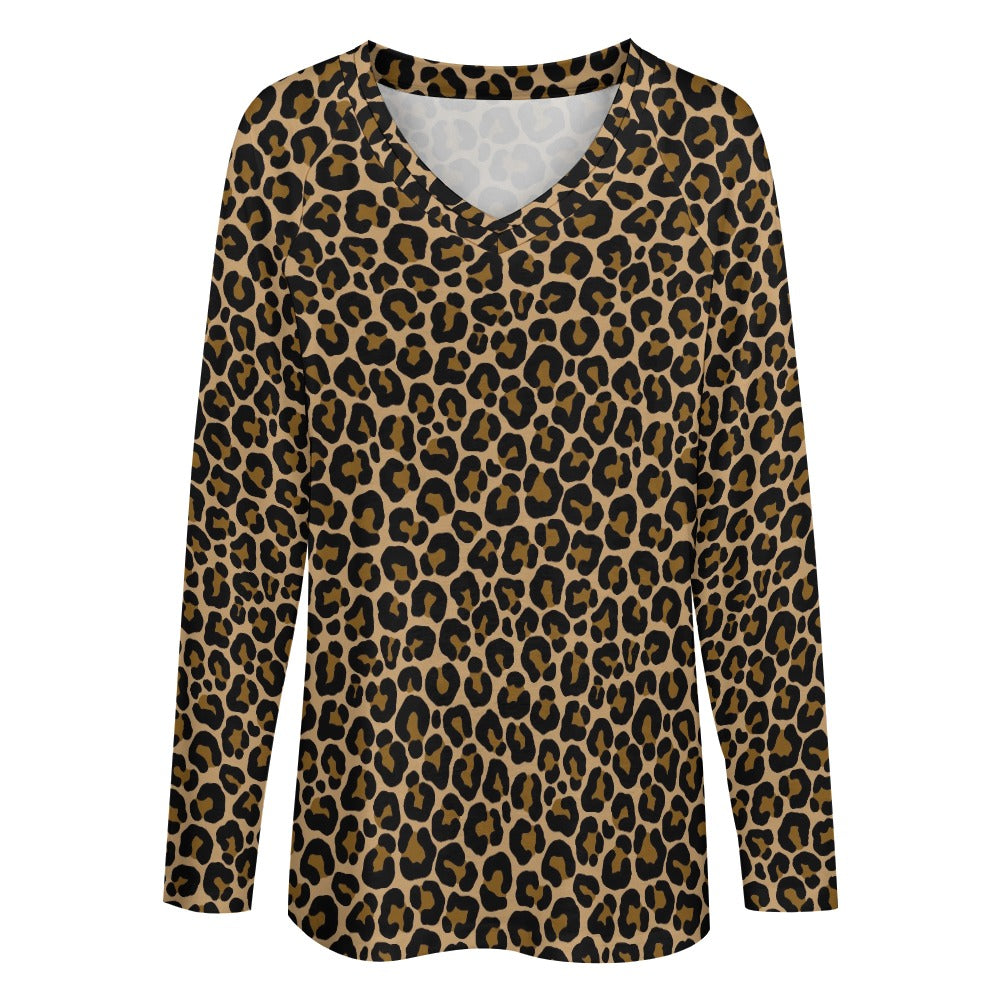 Leopard Women Long Sleeve Tshirt loose fit, Animal Print Brown Cheetah Relaxed V-neck Designer Aesthetic Ladies Female Tee Top Shirt