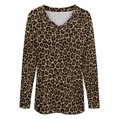 Leopard Women Long Sleeve Tshirt loose fit, Animal Print Brown Cheetah Relaxed V-neck Designer Aesthetic Ladies Female Tee Top Shirt