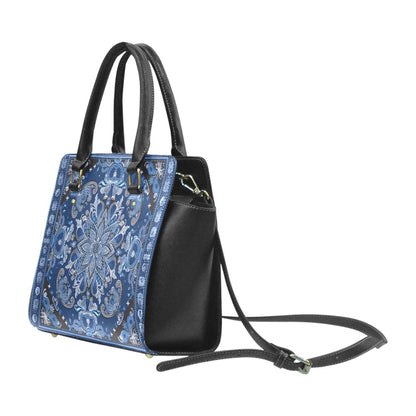 Bandana Purse Handbag, Blue Black Vegan Leather Designer Women Gift Satchel Top Zip Handle Bag Shoulder Crossbody Strap