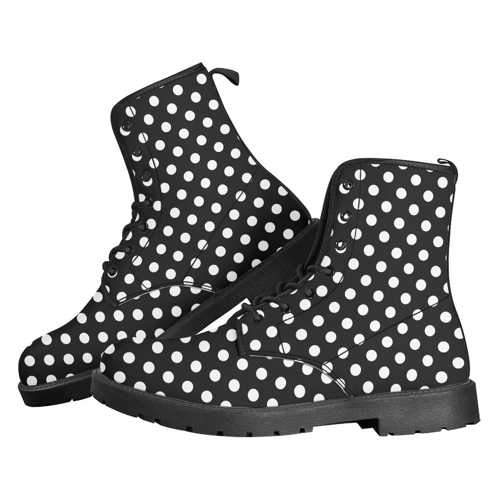 Polka Dots Leather Boots, Black White Retro Vintage Lace Up Shoes Hiking Women Men Female Festival Ankle Combat Work Winter Casual Custom