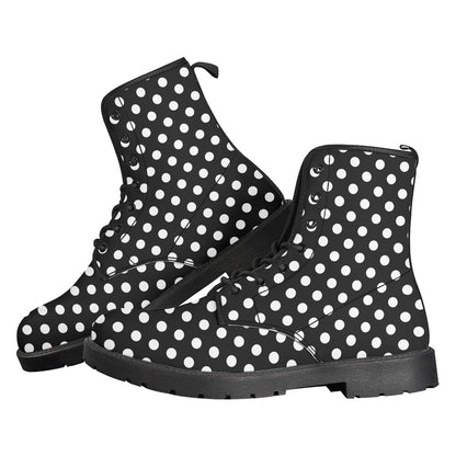 Polka Dots Leather Boots, Black White Retro Vintage Lace Up Shoes Hiking Women Men Female Festival Ankle Combat Work Winter Casual Custom