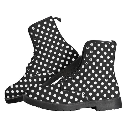 Polka Dots Leather Boots, Black White Retro Vintage Lace Up Shoes Hiking Women Men Female Festival Ankle Combat Work Winter Casual Custom
