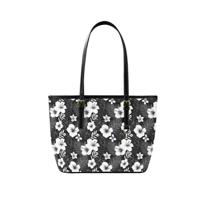 Black White Floral Tote Bag Purse, Hibiscus Flowers Art Women Vegan Leather Handbag  Zip on Top Designer Handmade Shoulder Ladies Bag