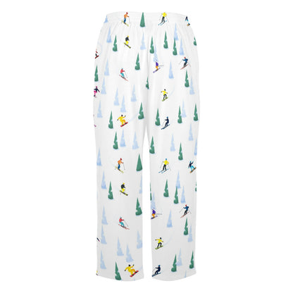 Ski Women Pajamas Pants, Snowboard Skier Pine Trees Snow Winter Sports Satin PJ Funny Pockets Trousers Couples Matching Ladies Bottoms