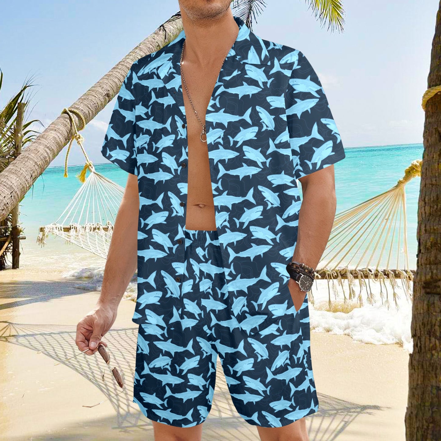 Great White Shark Shirt Shorts Outfit Set Men, Blue Marine Animal Matching Cabana Hawaiian Beach Male Summer Short Sleeve Button Up Down