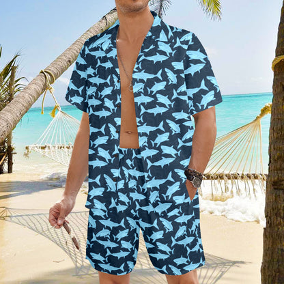 Great White Shark Shirt Shorts Outfit Set Men, Blue Marine Animal Matching Cabana Hawaiian Beach Male Summer Short Sleeve Button Up Down