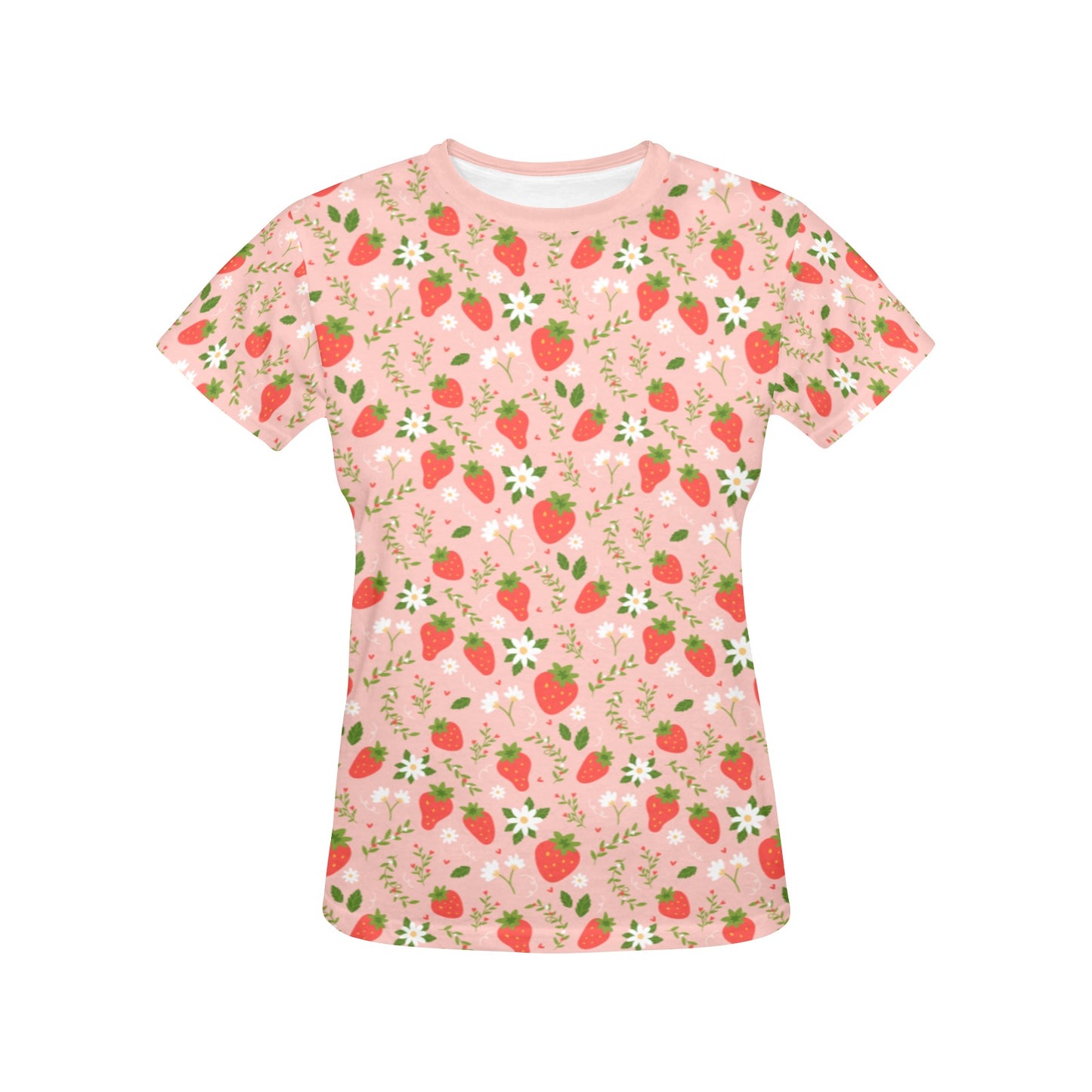 Pink Strawberry Women Tshirt, Flowers Floral Fruit Ladies Female Designer Adult Graphic Aesthetic Fashion Crewneck Tee Shirt Plus Size Top - Starcove Fashion