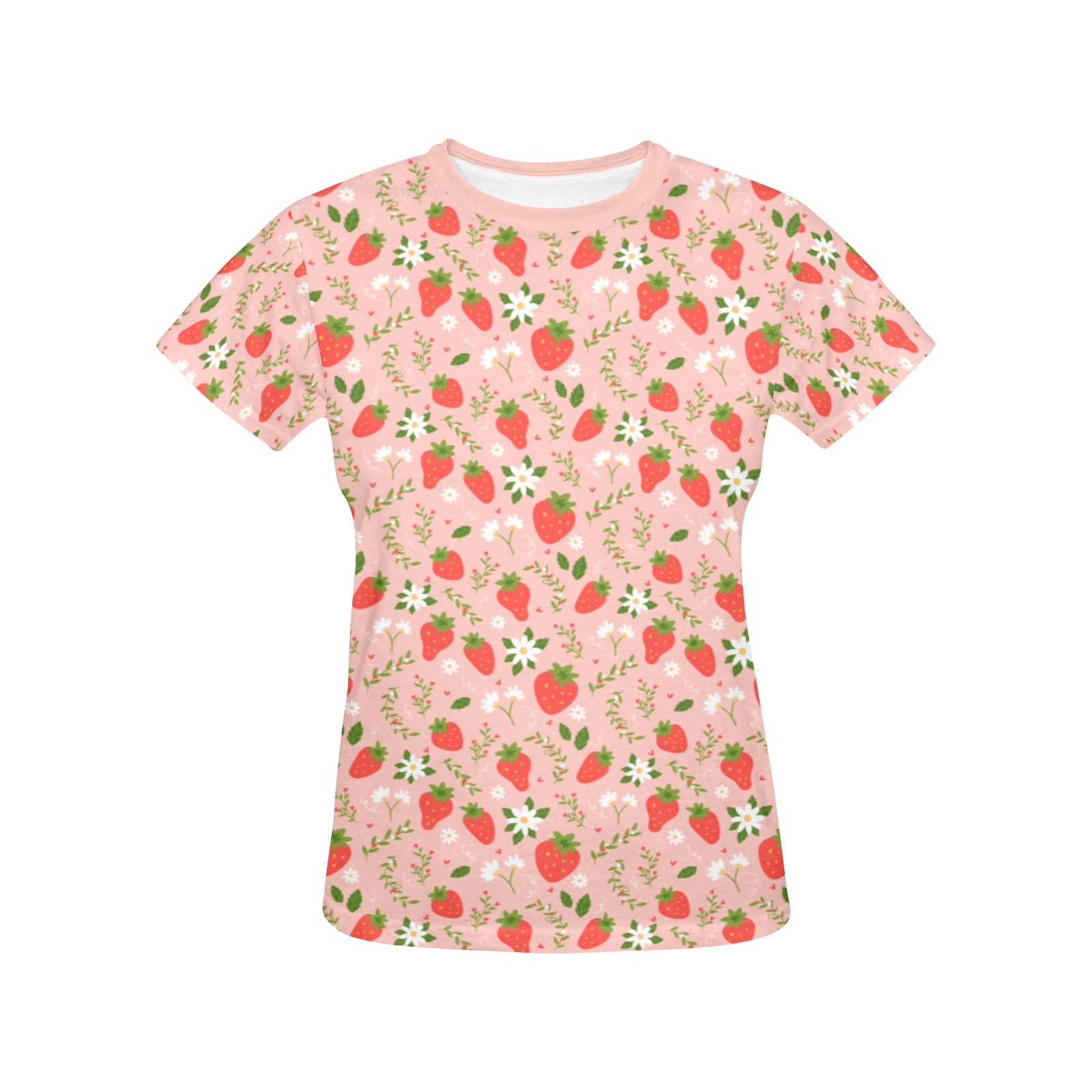 Pink Strawberry Women Tshirt, Flowers Floral Fruit Ladies Female Designer Adult Graphic Aesthetic Fashion Crewneck Tee Shirt Plus Size Top - Starcove Fashion