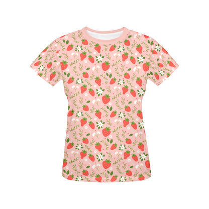 Pink Strawberry Women Tshirt, Flowers Floral Fruit Ladies Female Designer Adult Graphic Aesthetic Fashion Crewneck Tee Shirt Plus Size Top - Starcove Fashion