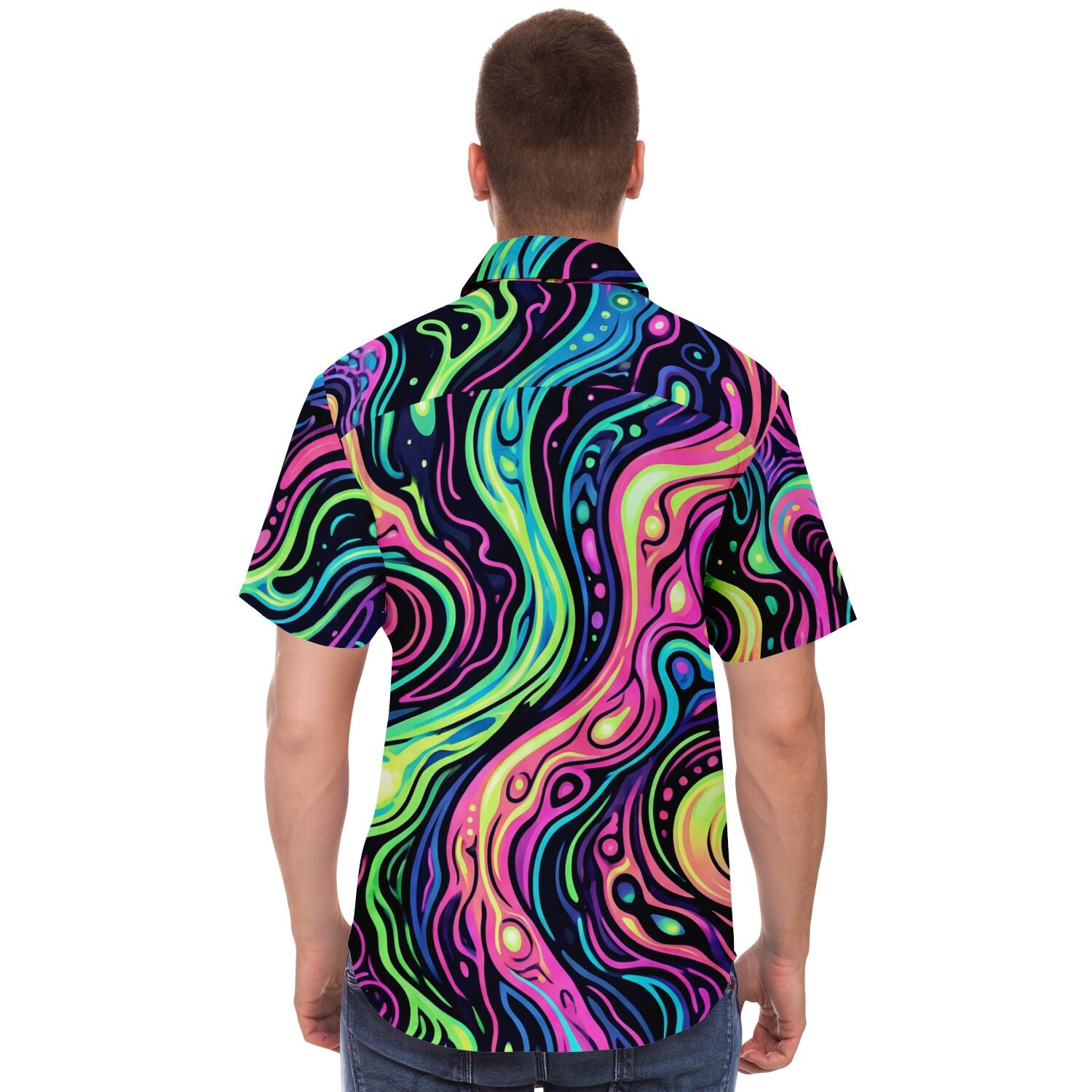 Psychedelic Men Button Up Shirt, Vibrant Trippy Funky Festival Short Sleeve Print Casual Buttoned Down Summer Male Guys Collared Designer - Starcove Fashion