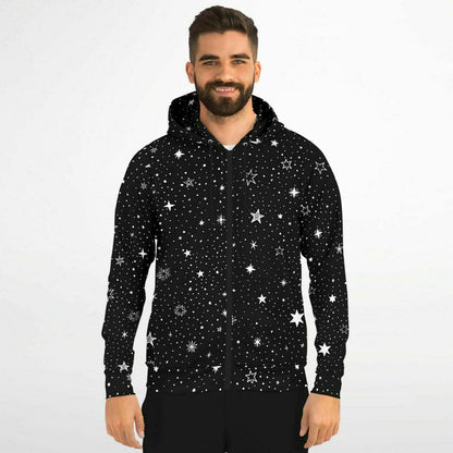 Stars Zip Up Hoodie, Black White Space Celestial Galaxy Full Zipper Pocket Men Women Unisex Ladies Graphic Cotton Fleece Hooded Sweatshirt