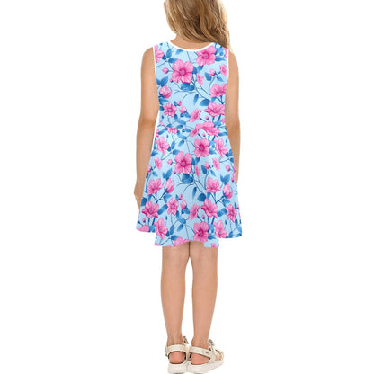 Blue Pink Floral Midi Girls Dress, Flowers Kids Sleeveless Sundress Casual Cute Designer Children Elegant Cocktail Party Summer Designer