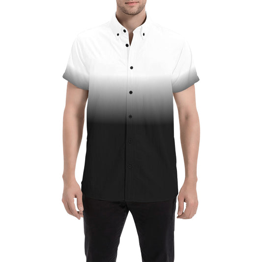 Black White Ombre Men Button Down Shirt, Tie Dye Gradient Short Sleeve Guys Casual Print Buttoned Up Collar Plus Size Casual Dress Shirt