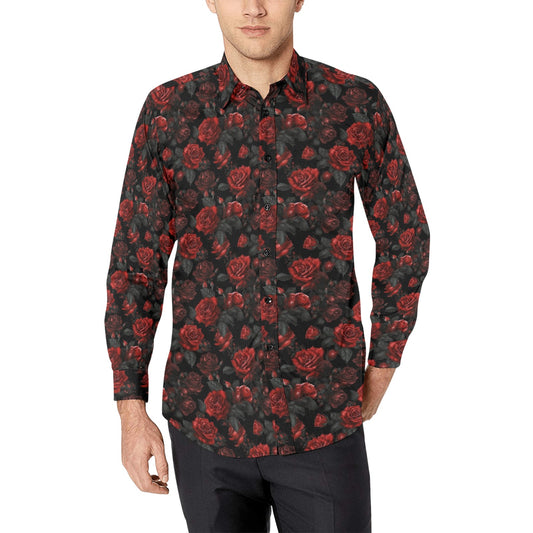 Red Rose Long Sleeve Men Button Up Shirt, Flowers Print Casual Buttoned Collared Designer Dress Shirt with Chest Pocket Guys Male