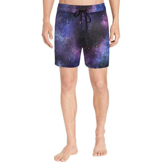 Galaxy Space Men Mid Length Shorts, Universe Purple Stars Beach Swim Trunks with Pockets & Mesh Drawstring Boys Casual Bathing Suit Summer