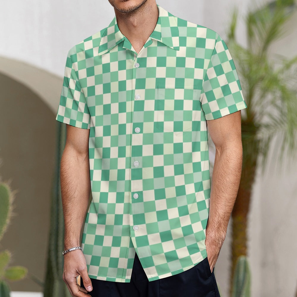 Green Checkered Men Button Up Shirt, Mint Pastel Short Sleeve Print Casual Buttoned Down Male Guys Collared Designer Dress Shirt Chest Pocket