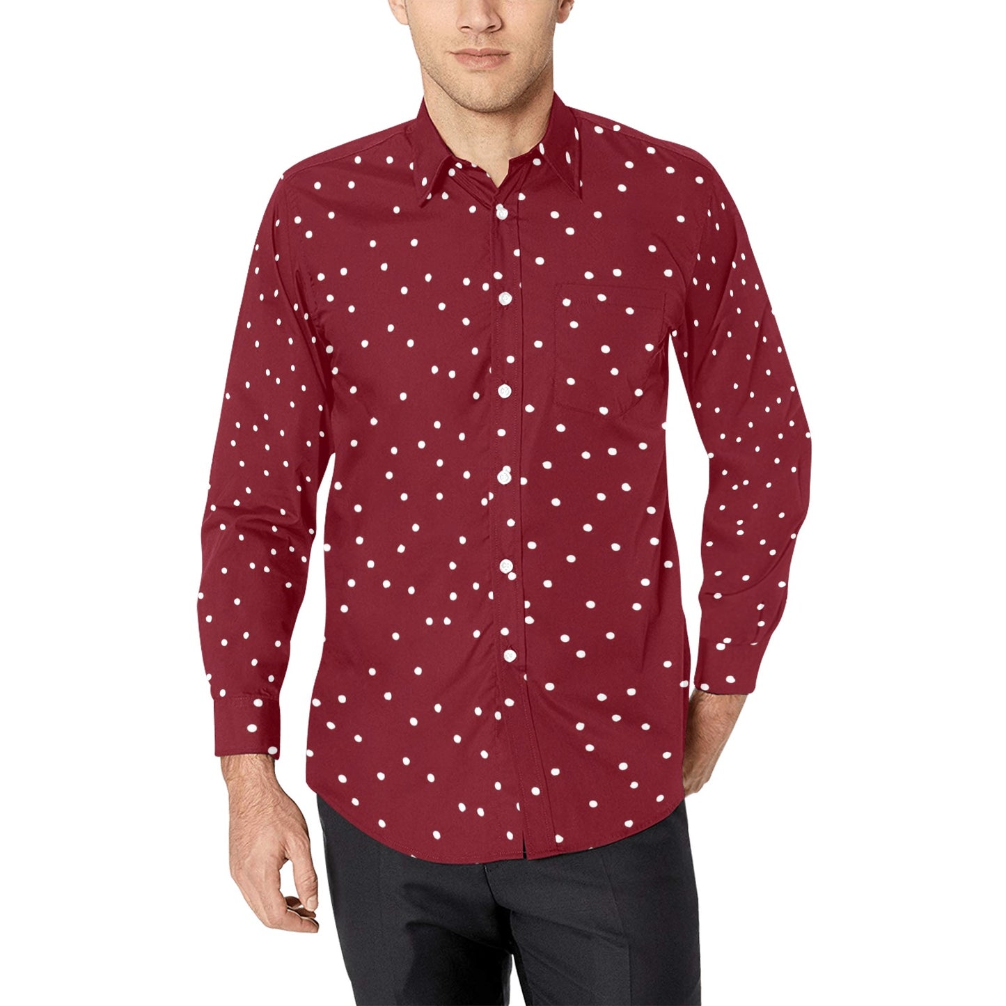 Red Long Sleeve Men Button Up Shirt, Festive White Dots Print Casual Buttoned Collared Designer Dress Shirt with Chest Pocket Guys Male S Red Long Sleeve Men Button Up Shirt, Festive White Dots Print Casual Buttoned Collared Designer Dress Shirt with Chest Pocket Guys Male S