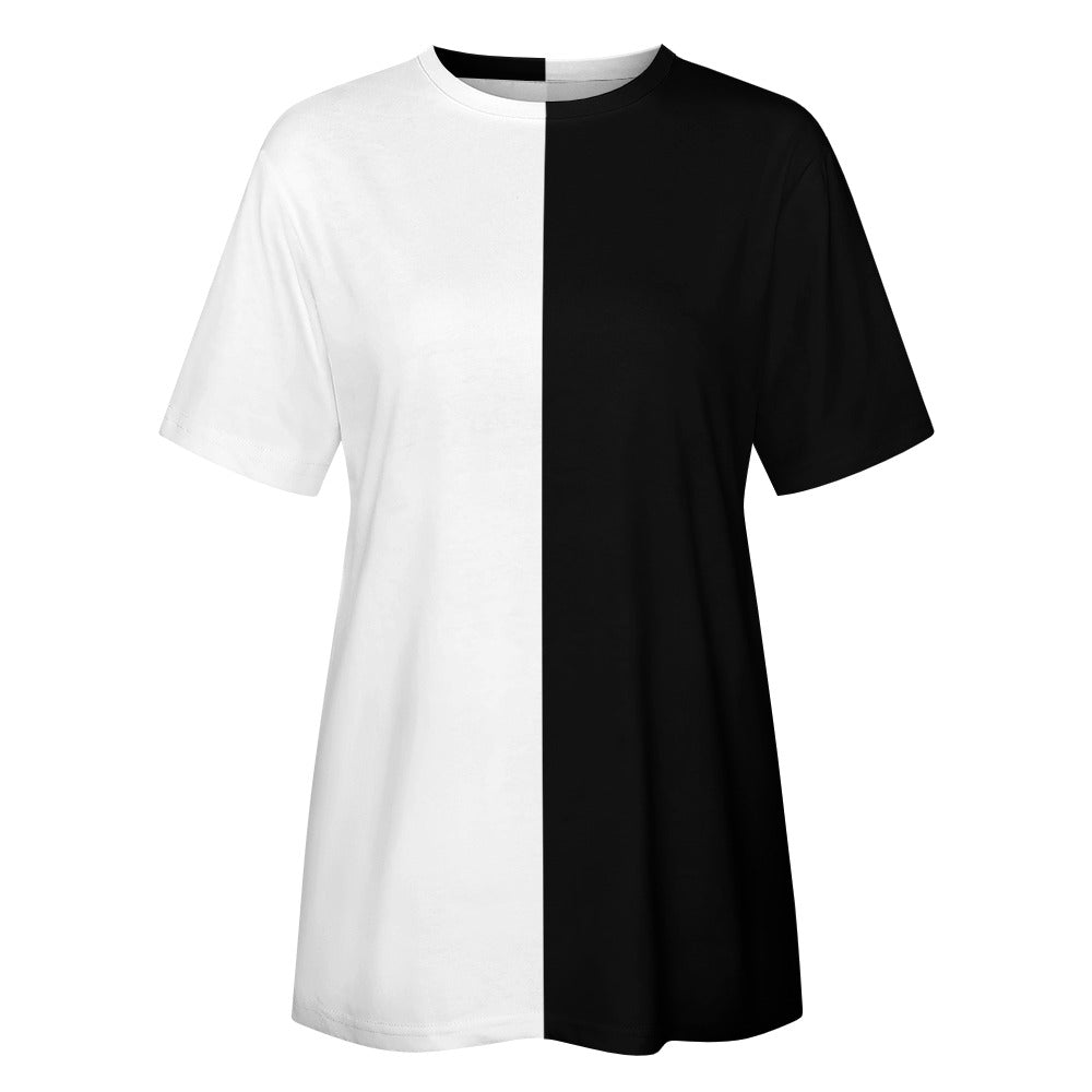 Half Black Half White Women Cotton Tshirt, Color Block Split 2 Tone Ladies Female Designer Graphic Aesthetic Fitted Crewneck Tee Shirt Top