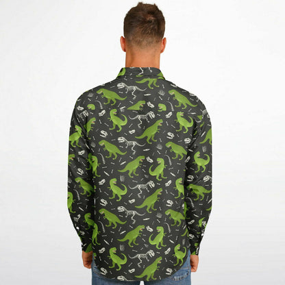 Dinosaur Long Sleeve Men Button Up Shirt, Skeleton Dino Green Guys Male Print Buttoned Down Collared Funny Graphic Casual Dress Shirt
