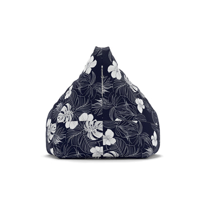 Navy Blue Tropical Bean Bag Chair Cover, Hibiscus Floral White Washable Triangle Small Large Adult Children Kids Sofa Dorm Unfilled Sack