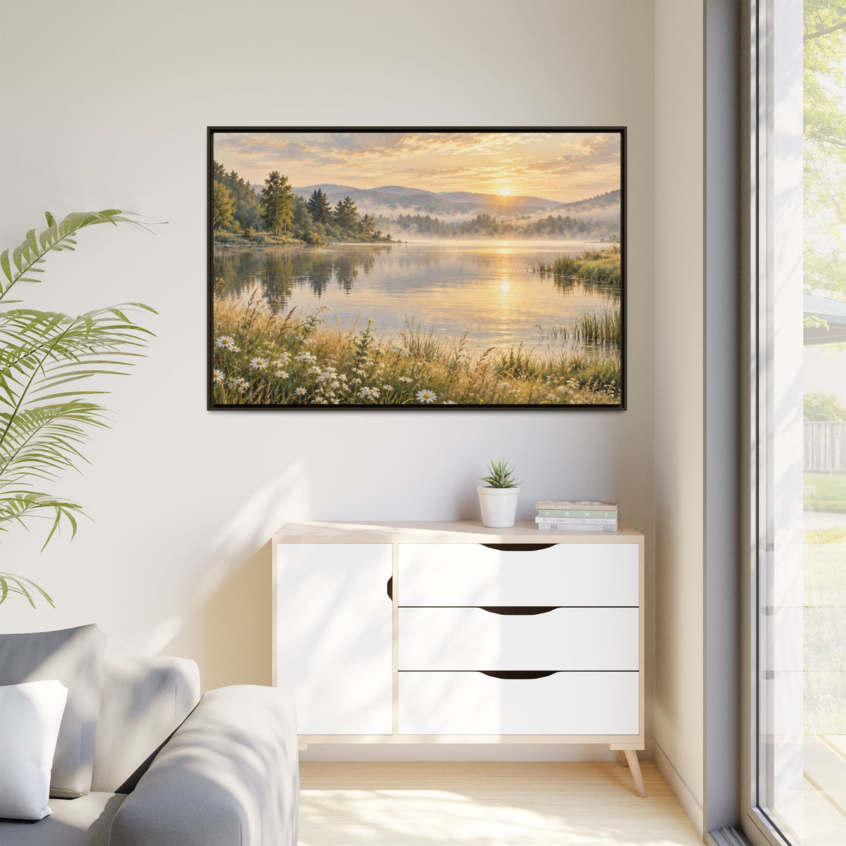 Misty Meadow Lake Wood Framed Canvas, Wildflower Farmhouse Wall Art Print Artwork Decor Small Large Hanging Matte Landscape Square Poster