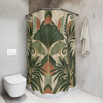 Art Deco Botanical Shower Curtain, Ginkgo Leaves Palm Fronds Ferns Plant Nature Waterproof Fabric Bathroom Decor Housewarming Gift 71" x 74"