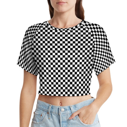 Checkered Crop Top Tshirt, Black White Check Belly Tee Women Adult Cute Aesthetic Graphic Crewneck Sexy Festival Y2K Ladies Cropped Shirt