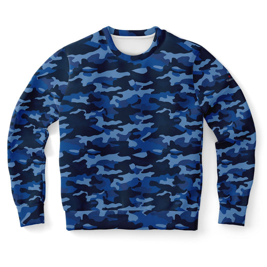 Blue Camo Sweatshirt, Camouflage Dark Navy Crewneck Fleece Cotton Sweater Jumper Pullover Men Women Adult Aesthetic Designer Top