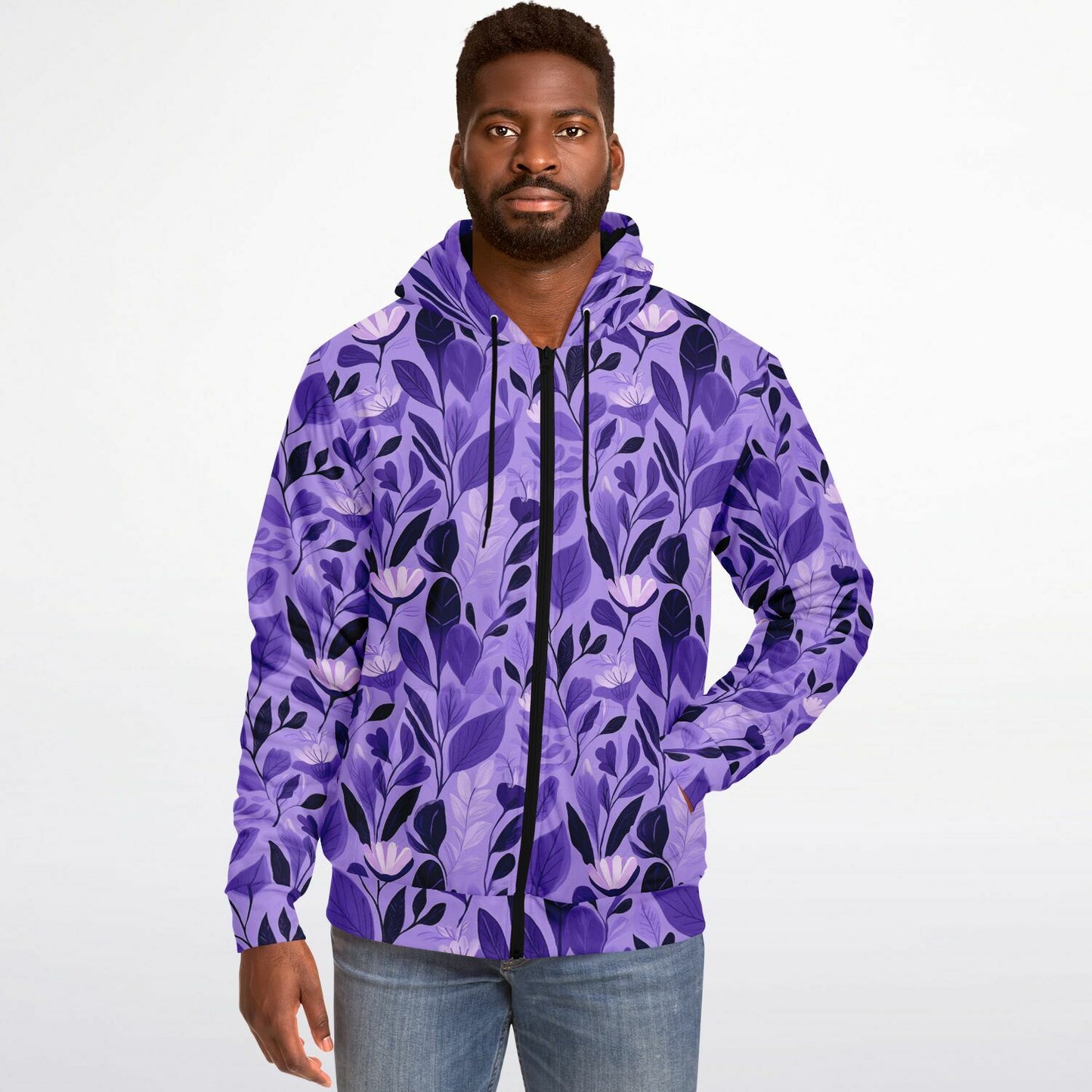 Purple Floral Zip Up Fleece Lined Hoodie, Flowers Heavyweight Full Zipper Pocket Men Women Unisex Aesthetic Graphic Hooded Sweatshirt Jacket