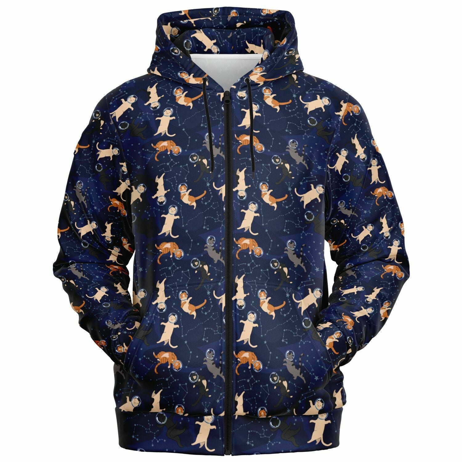 Cats in Space Zip Up Hoodie, Kittens Full Zipper Pocket Men Women Unisex Adult Aesthetic Graphic Cotton Fleece Hooded Sweatshirt - Starcove Fashion