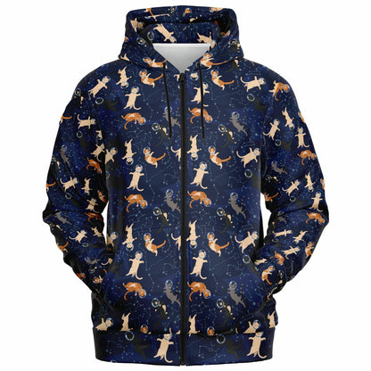 Cats in Space Zip Up Hoodie, Kittens Full Zipper Pocket Men Women Unisex Adult Aesthetic Graphic Cotton Fleece Hooded Sweatshirt - Starcove Fashion