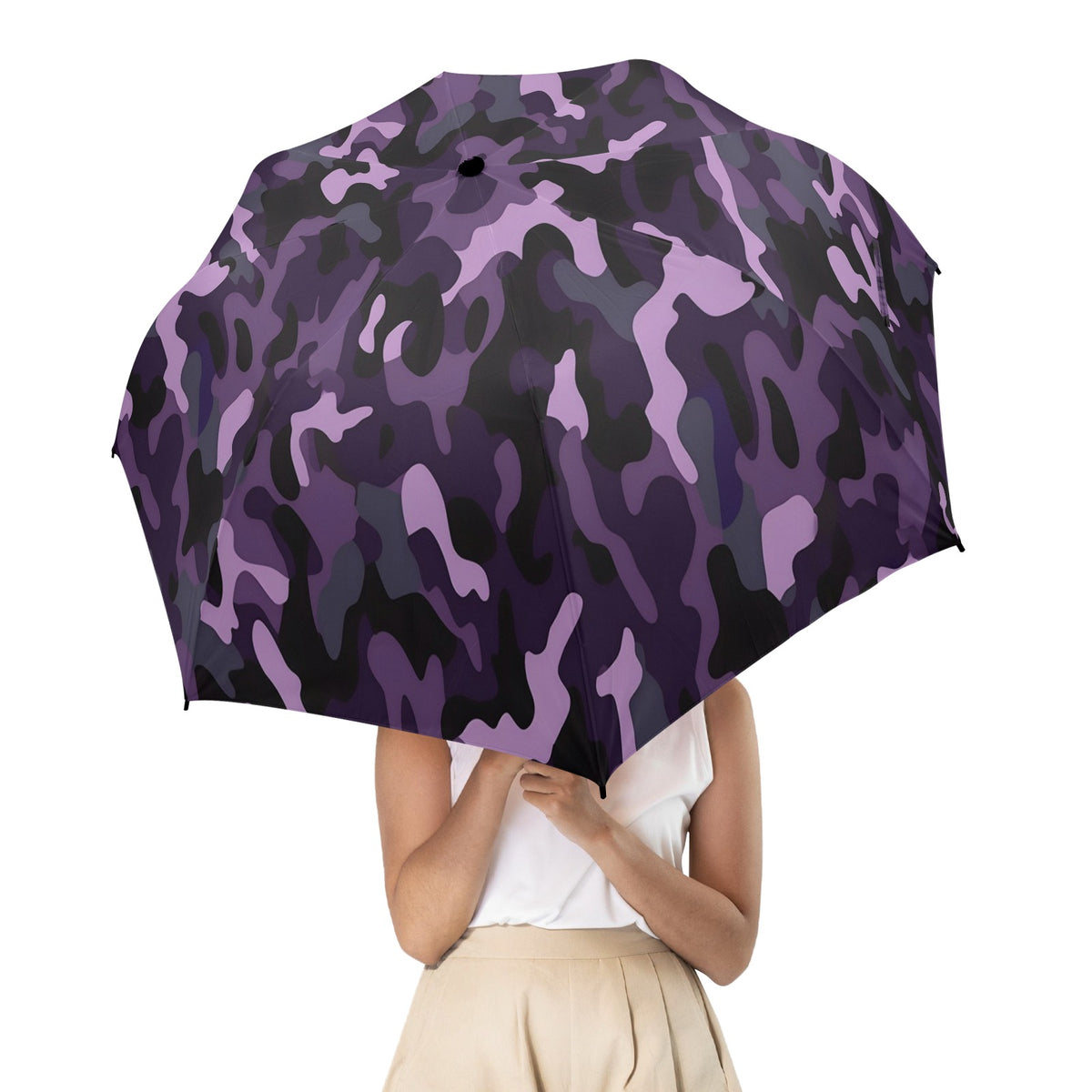 Purple Camo Umbrella, Dark Camouflage Print Golf Anti-UV Semi-Automatic Sun Rain Parasol Large Compact Windproof Designer Luxury Men Women